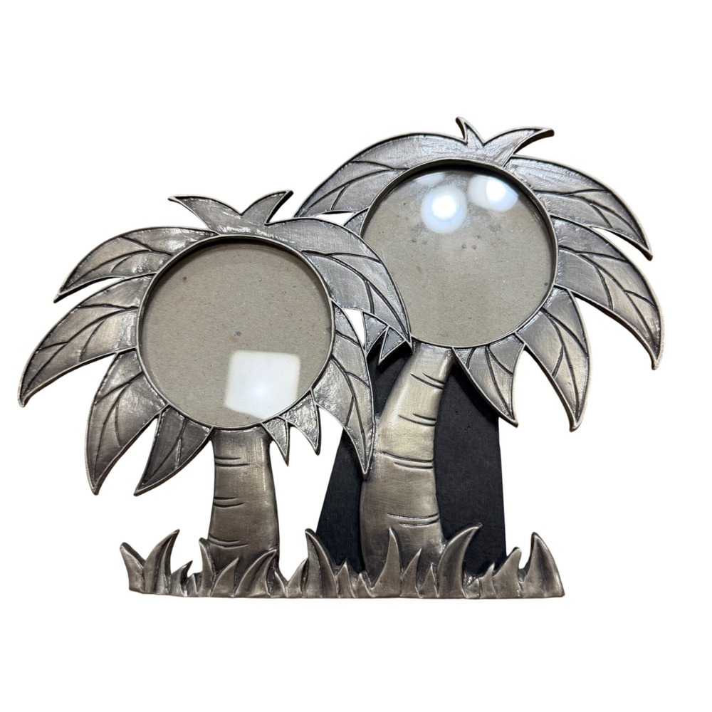 Palm Tree Double Picture Frame Pewter Silver Tone Coastal Tropical Decor‎